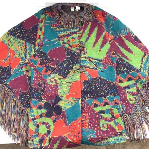 Missoni Vintage 80s 100% Wool Fringe Artsy Colorful Knit Jacket Poncho Women's M - Picture 2 of 16
